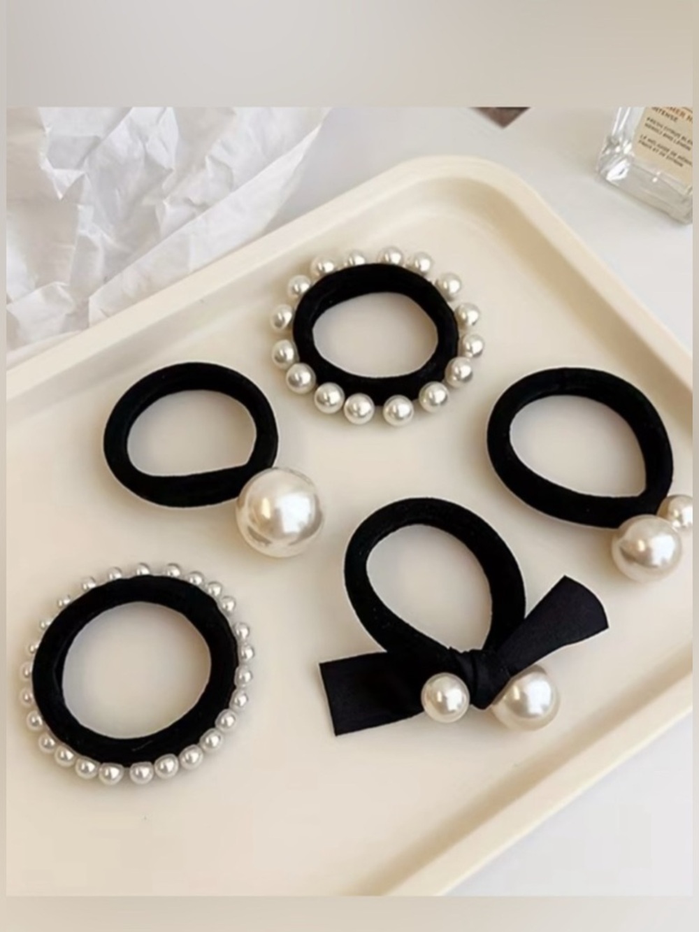 Black Pearl-Embellished Hair Tie Set — Women Accessories